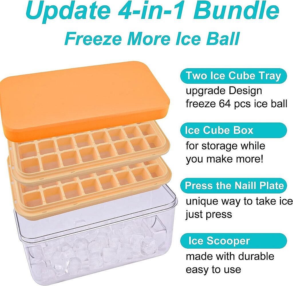 Burfocus Ice Cube Tray with Lid and Bin, Ice Trays Ice Maker for Freezer with Container Silicone Ice Cube Tray Mold Easy Release BPA Free Large Ice Cube Maker for Whiskey,Cocktail