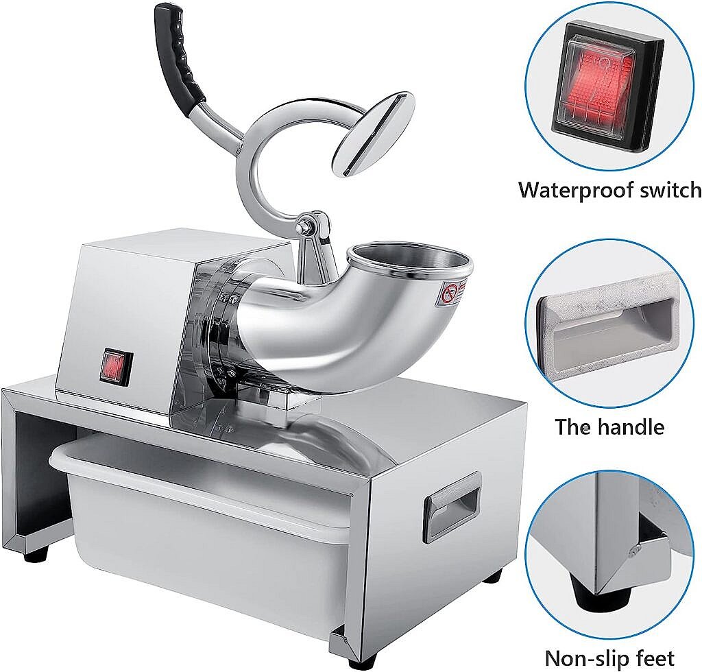 TOPQSC Electric Ice Shaver Snow Cone Maker Machine, Ice Crusher Silver 250W 440lb/h, Industrial Quality Commercial Heavy Duty Snow Cone Equipment for Home and Commercial Use