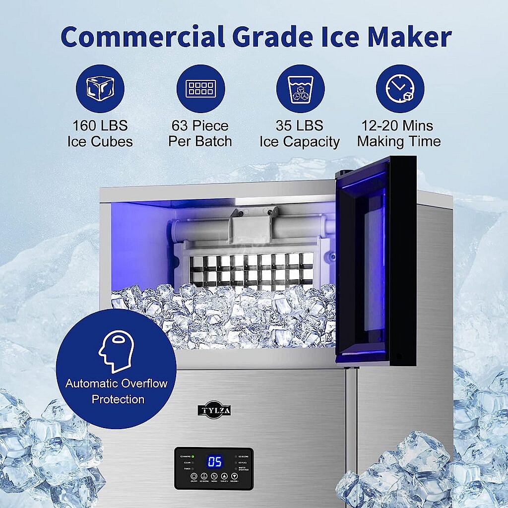 TYLZA Commercial Ice Maker 160 LBS/24H, 15 Wide Under Counter Ice Maker with 35LBS Ice Storage Capacity, Commercial Ice Machine Self Clean Stainless Steel Built-in or Freestanding Large Ice Machine